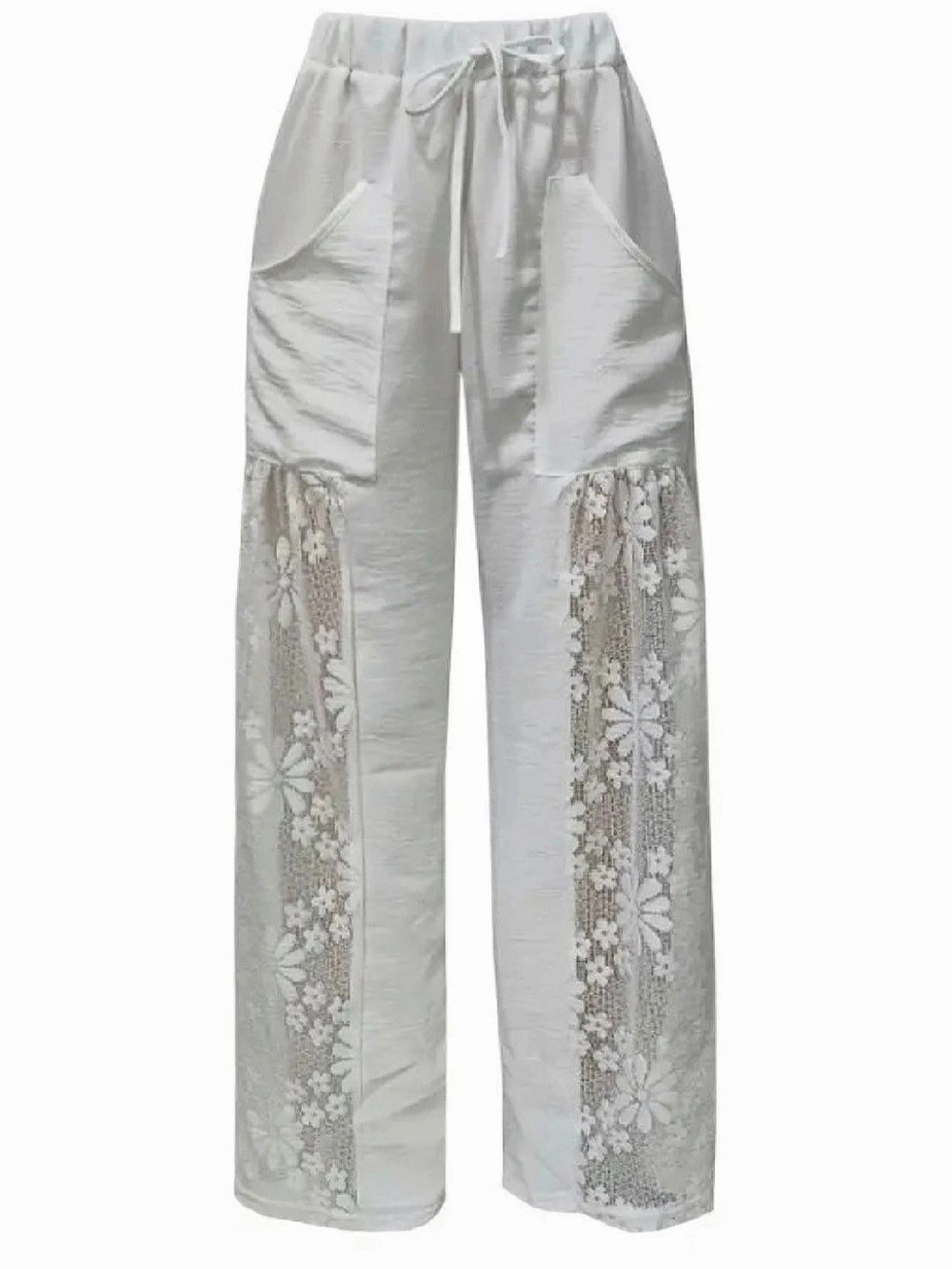 White Floral Lace Panel Wide Leg Pants